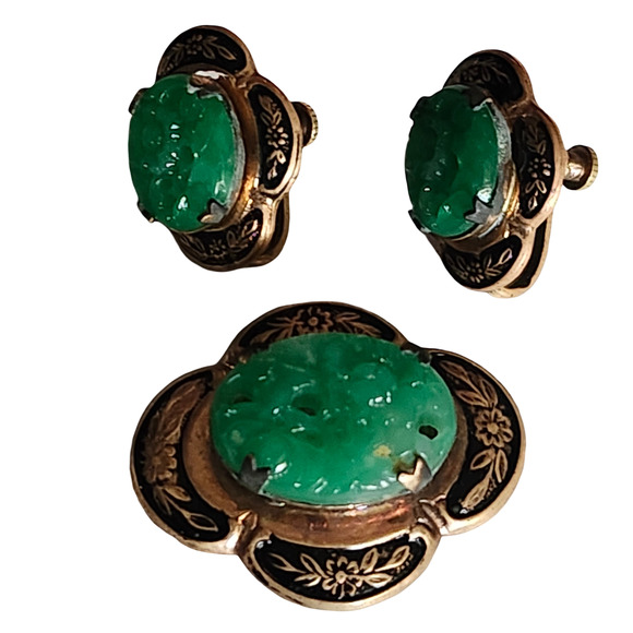 Vtg 1940s Peking Glass Faux Jade Gold Filled Pin Brooch & Screwback Earring Set - Picture 3 of 5